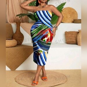 SHEIN Slayr Plus Size All-Over Printed Strapless Bodycon Dress